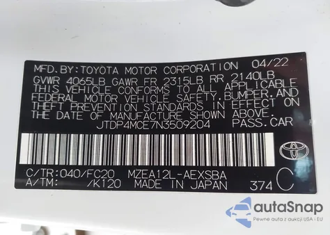 2022 Toyota Corolla Se from USA, damaged, VIN JTDP4MCE7N3509204